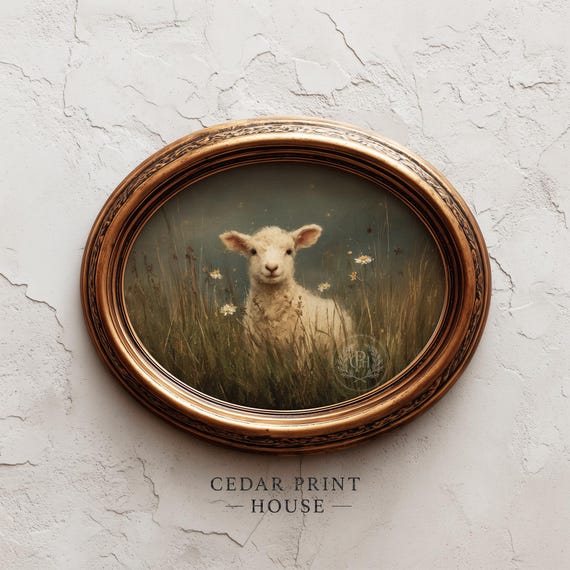 Lamb Among Wildflowers & Tall Grass, Moody Cottagecore Art, Rustic Spring Print, Cozy Farmhouse Decor, Printable Digital Wall Download