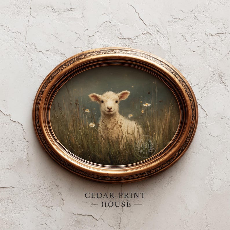 Serene lamb painting wall art for children's room — soft, soothing colors create a vintage feel with tender pastoral elements.