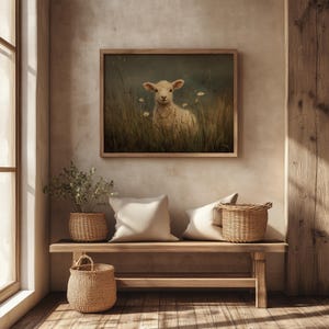 Endearing lamb print for reading nook — warm, rustic tones capture the cozy essence of a resting lamb in a pastoral landscape.