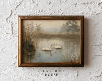 Serene Swans on Misty Pond Print - Vintage Cottagecore Landscape Art, Soft Pastel Decor, Romantic Printable Wall Art, Digital Download