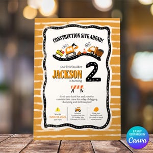 Invito di compleanno a tema escavatore, festa del piccolo costruttore, modello Canva modificabile, design strada arancione, download immediato