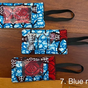 fabric luggage tags. blue and red wax print cotton