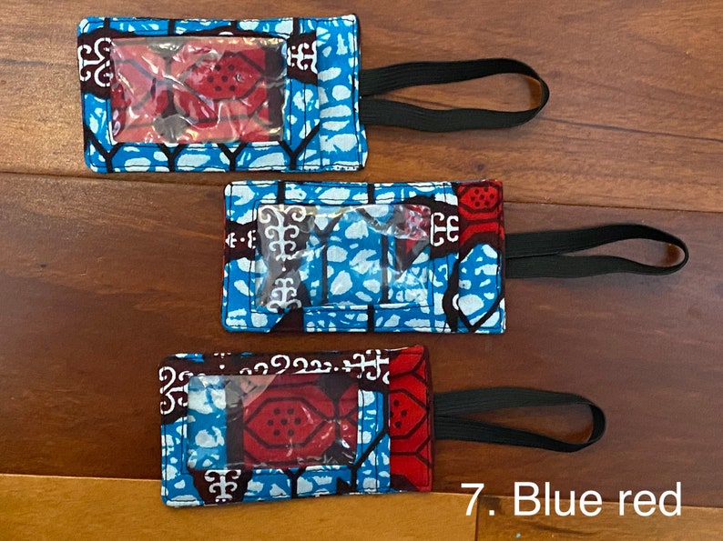 fabric luggage tags. blue and red wax print cotton