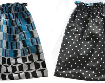 Fully Reversible Elastic Skirt - African Geometric Print and Black & White Polka Dots. Waist 28 inches. Adult size S/M.