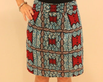Blue Red Burgundy Wax Print Straight Knee Length Skirt  - Size US 4 / UK8. (Waist 27inches) other sizes available