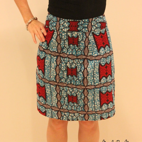 Blue Red Burgundy Wax Print Straight Knee Length Skirt  - Size US 4 / UK8. (Waist 27inches) other sizes available