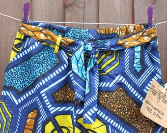 Trousers: Blue Yellow Turquoise Brown geometric African print Party Pants. Size US 2 / UK 6. Waist 26inches. Elastic waist & fabric belt