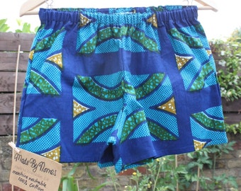 African Print Party Shorts -Turquoise Blue Green Mustard with Elastic Waist - size Small. Waist 26.5 inches