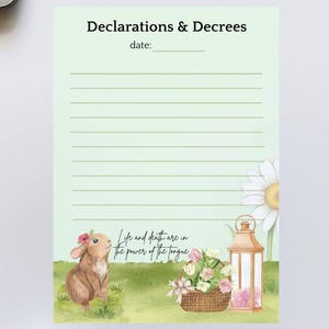 May include: A light green notepad with the text "Declarations & Decrees" and lined pages. The bottom of the notepad features a watercolor illustration of a bunny, flowers, a lantern, and the text "Life and death are in the power of the tongue."