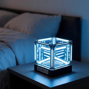 Op de afbeelding: Een vierkante infinity kubuslamp met een zwarte voet en de tekst INFINITY op een zilverkleurig plaatje. De lamp heeft een transparant frame met helderblauwe interne LED-lichtstrips die een herhalend visueel effect in de kubus creëren.
