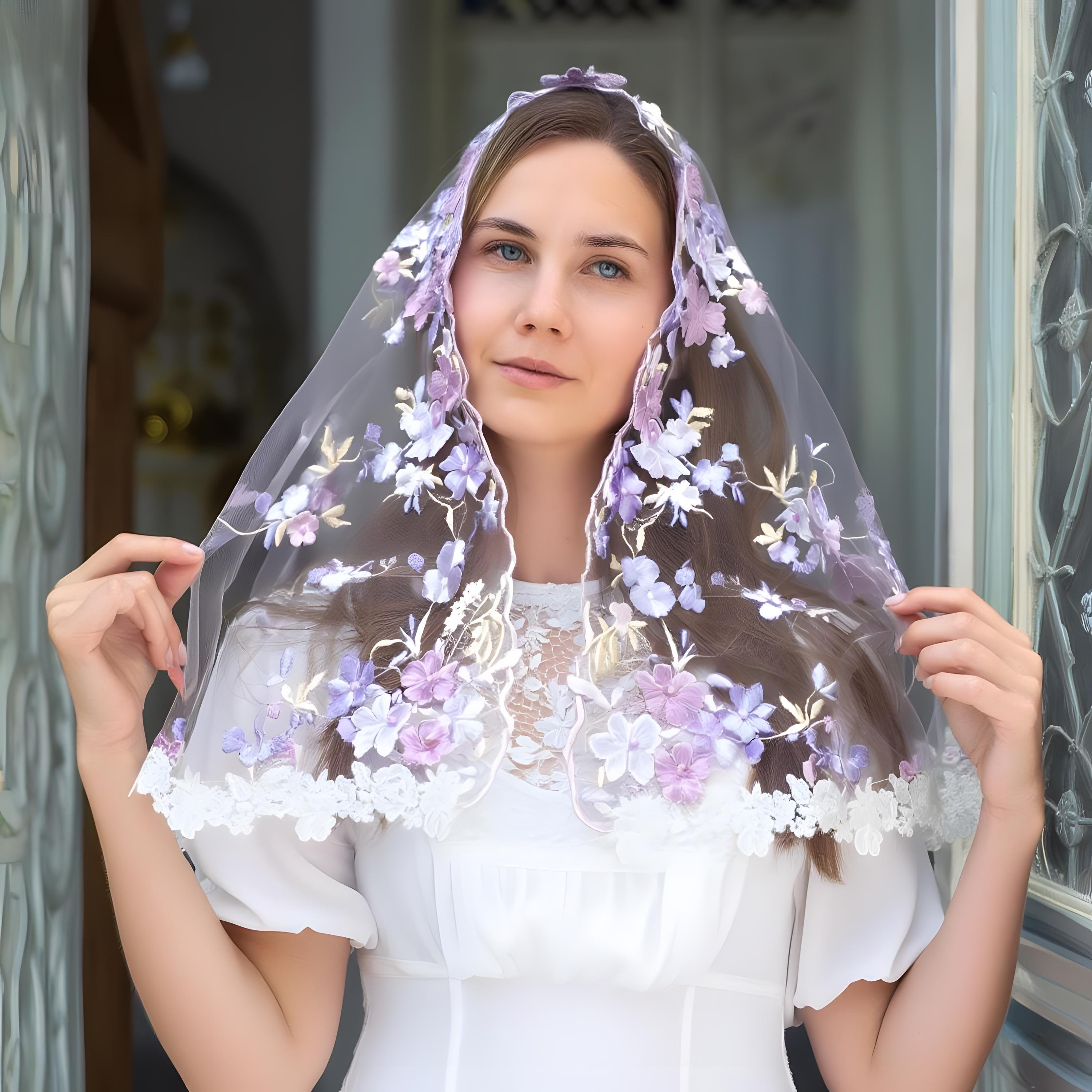 Lilac Floral Mantilla Veil - Lace Head Covering for Catholic Mass, Religious Ceremony