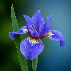 May include: A close-up of a vibrant blue iris flower with yellow and white accents. The flower has delicate, textured petals and is set against a blurred green and blue background. A single green leaf extends from the stem.
