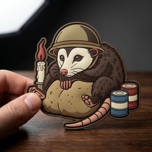 May include: A sticker featuring a cartoon opossum wearing a helmet and holding a lit candle. The opossum is brown and tan with a white face and pink nose. Two small barrels are next to the opossum. The sticker is held by a hand.