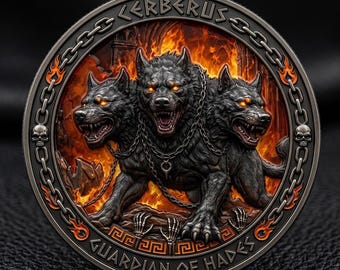 Cerberus Guardian of Hades Metal Coin – Three Headed Dog Art Token (Antique Finish)