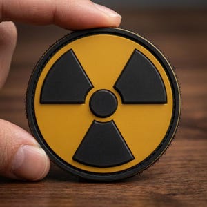 May include: A round patch featuring a yellow background with a black radiation symbol in the center. The patch is held by a hand and has a black border. The symbol consists of three black blades radiating from a central black circle.