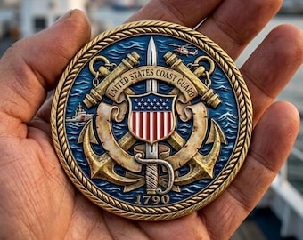 US Coast Guard Challenge Coin – 1790 Commemorative Token, Antique Gold Finish Emblem