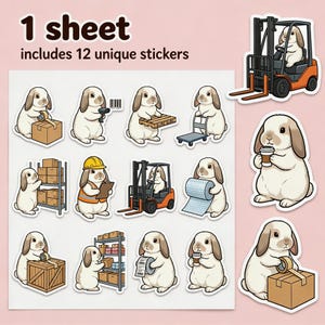May include: A sheet of 12 unique stickers featuring cartoon bunnies in various warehouse and shipping scenarios. The bunnies are depicted operating forklifts, packing boxes, and handling inventory. The stickers are on a pink background.