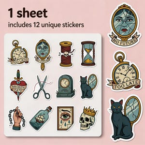 May include: A sheet of 12 unique stickers with a vintage tattoo theme. Designs include a broken mirror, hourglass, black cat, skull, and a pocket watch with the text "TOO LATE". The sheet also includes the text "1 sheet includes 12 unique stickers".