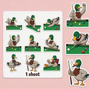May include: A sheet of stickers featuring cartoon ducks playing pool. The ducks are depicted in various poses, including aiming, celebrating, and enjoying a drink. The stickers are on a white background with a pink border. The text "1 sheet" is visible.