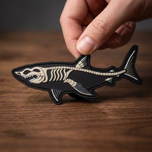 May include: A black patch shaped like a shark with a visible cream-colored skeletal structure. The design features a detailed skull, rib cage, and spine, with fins and a tail outlined in a lighter shade, creating a high-contrast graphic appearance.