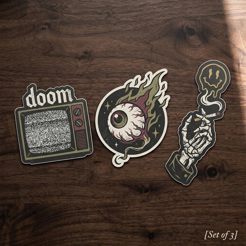 Vintage Doom Sticker Set – TV Static, Eyeball, Skeleton, Melting Smiley ...