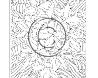 Instant PDF Download Coloring Page Hand Drawn Zentangle Inspired Psychedelic Pretty Plumeria Abstract Zendoodle Doodle Hippie By Kat