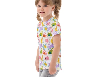 Kids Cat T-Shirt | Whimsical Floral All-Over Print, Soft Cotton Blend