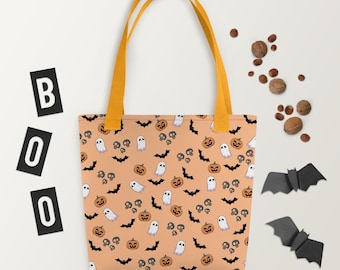 Borsa tote coordinata con fantasmi, zucche, scheletri e pipistrelli per Halloween.