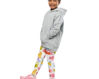 Kids Cat Leggings | Whimsical Floral All-Over Print, Soft, Colorful