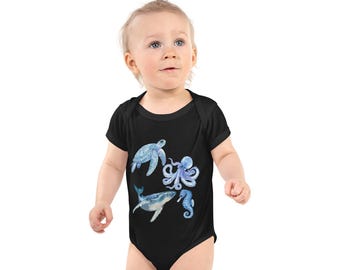 Under the Sea life Infant bodysuit Sea Turtle Octopus Whale Sea Horse Water Color Style