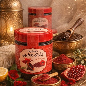 Op de afbeelding: Een stilleven met zeep potten met Arabische tekst, rode deksels en bloemenlabels. De compositie omvat kommen met rood poeder, een houten lepel en een gehalveerde granaatappel, gepresenteerd op een decoratief dienblad.