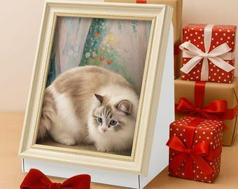 May include: A framed picture of a fluffy cat with blue eyes, set on a white stand. The frame is cream-colored, and a red bow sits in front. Several wrapped gifts with red bows are in the background.