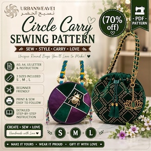 May include: A sewing pattern for round bags, featuring a green and purple bag with a beetle design and a green bag with a geometric pattern. The pattern includes three sizes: S, M, and L. The text on the image says "Circle Carry Sewing Pattern".