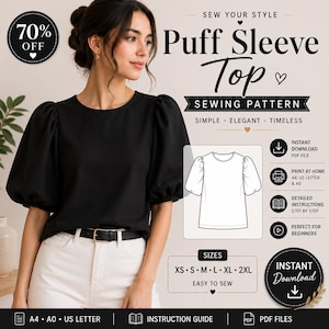 May include: A black puff sleeve top sewing pattern featuring a round neckline and gathered sleeves. The digital file includes instructions for sizes XS to 2XL, with printable formats for A4, US Letter, and A0 paper sizes for instant download.