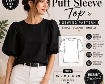 Puff Sleeve Top Sewing Pattern PDF | Women's Blouse Pattern | Instant Download | A4 A0 US Letter | XS-2XL |