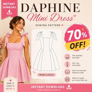 Könnte beinhalten: Ein rosa-weiß kariertes Minikleid mit Bindeträgern und eckigem Ausschnitt. Das Bild enthält eine technische Strichzeichnung des Kleides, den Text DAPHINE Mini Dress SEWING PATTERN, 70% OFF sowie Details zum PDF-Schnittmuster für das Kleid.