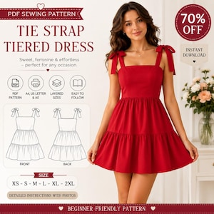 Puede incluir: Un vestido rojo de niveles con tirantes de lazo y escote cuadrado. La imagen incluye el texto: PDF SEWING PATTERN, TIE STRAP TIERED DRESS, 70% OFF, INSTANT DOWNLOAD, PDF PATTERN, A4, US LETTER & A0, LAYERED SIZES, EASY TO FOLLOW, SIZE XS-S-M-L-XL-2XL.