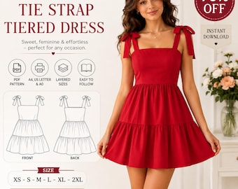 Luna-Schleifenkleid-Schnittmuster (PDF) | Minikleid mit Bindebändern an den Schultern | Kleid mit eckigem Ausschnitt | Größen XS–2XL | Sofort-Download