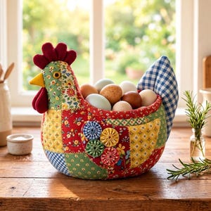May include: A fabric chicken-shaped basket featuring a patchwork design of floral and gingham patterns in red, green, yellow, and blue. The chicken has a red felt comb and wattle, a yellow beak, and is filled with several assorted natural-colored eggs.