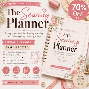 Könnte beinhalten: Ein spiralgebundener Nähplaner mit floralem Einband und dem Text The Sewing Planner. Die Seite enthält Details zu 22 druckbaren Seiten, A4- und US-Letter-Formaten, PDF-Dateien und Sofort-Download-Optionen sowie abgebildete Nähutensilien.