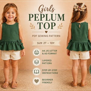 May include: A PDF sewing pattern for a sleeveless dark green peplum top with side bows and a back button closure. The pattern includes sizes 2T to 10Y, with instructions for A4, US Letter, and A0 formats. The design is beginner-friendly and layered.