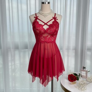 Camisón de encaje para mujer, sin mangas, cuello en V, elegante ropa de dormir Red