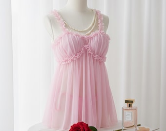 Camisón mini de encaje transparente rosa para mujer