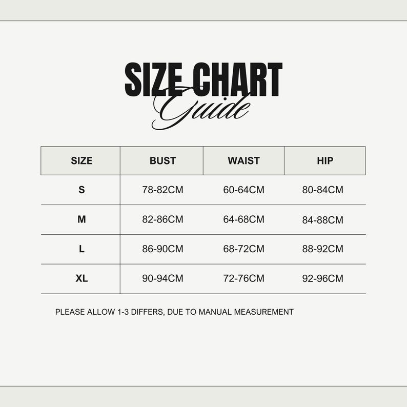 Puede incluir: Una tabla de tallas con el t&iacute;tulo "SIZE CHART Guide" en negrita, en negro. La tabla enumera las tallas S, M, L y XL, con las medidas correspondientes de busto, cintura y cadera en cent&iacute;metros. El texto "PLEASE ALLOW 1-3 DIFFERS, DUE TO MANUAL MEASUREMENT" est&aacute; en la parte inferior.