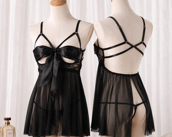Bow Lace Babydoll Lingerie Dress, Sheer Mesh Nightwear, Romantic Bridal Sleepwear Gift for Her