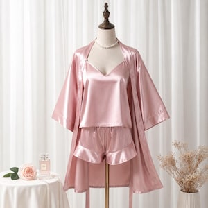 Zijden damespyjama met badjas, satijnen loungewear, bruidspyjama, elegante nachtkleding Cadeau voor haar