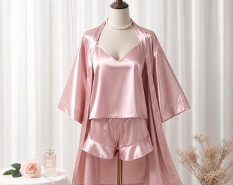 Women’s Silk Pajama Set with Robe, Satin Loungewear, Bridal Pajamas, Elegant Nightwear Gift for Her