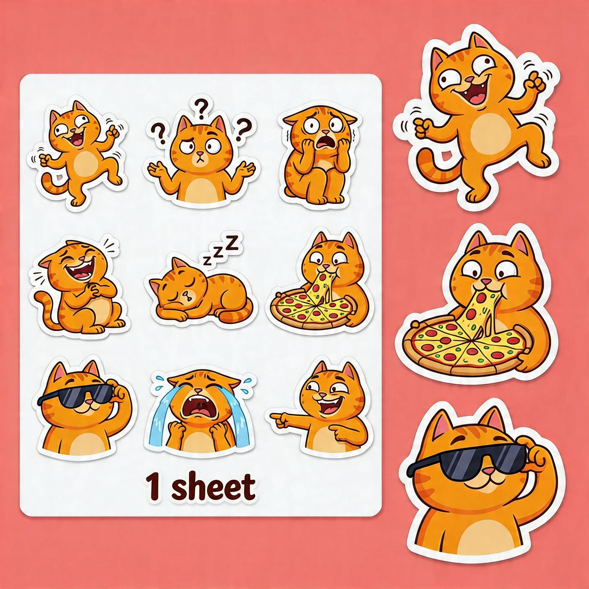 Sticker Sheet (9 Pcs) Funny Meme Cat Stickers - Cute Orange Cat Emojis ...