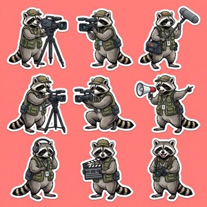 May include: A collection of stickers featuring cartoon raccoons dressed as film crew members. The raccoons are depicted with cameras, microphones, and clapperboards, wearing vests and hats. The background is a solid coral color.