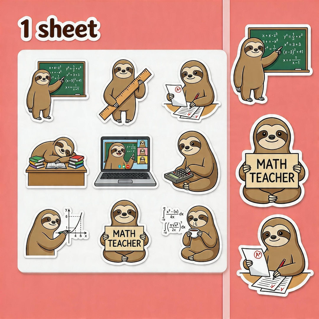 Sloth Math Sticker Sheet (9 Pcs) - Sloth Math Teacher Stickers, Cute Classroom ...